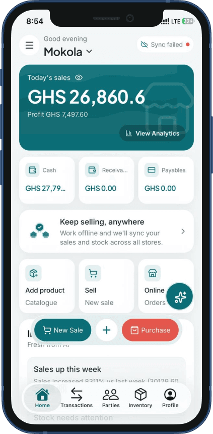 Stockdey mobile app showing today's sales, cash and receivables, and quick actions to sell offline